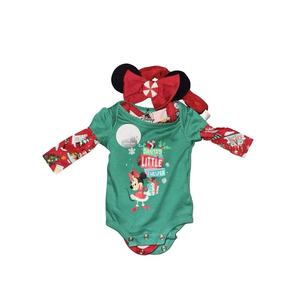 Disney Parks Christmas Baby Outfit Set Minnie Mouse Bow Bodysuit Pants 3 Months